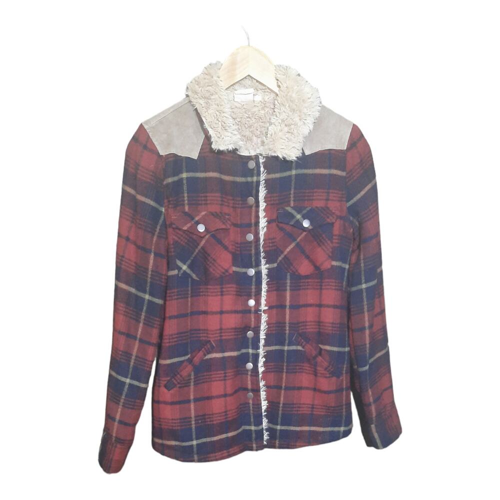 White Crow Women Plaid Flannel Snap Front Shaggy Lining Jacket Size Small